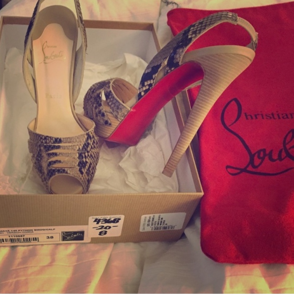 Christian Louboutin Snake-Print Red Sole Peep-Toe Pumps - Beige